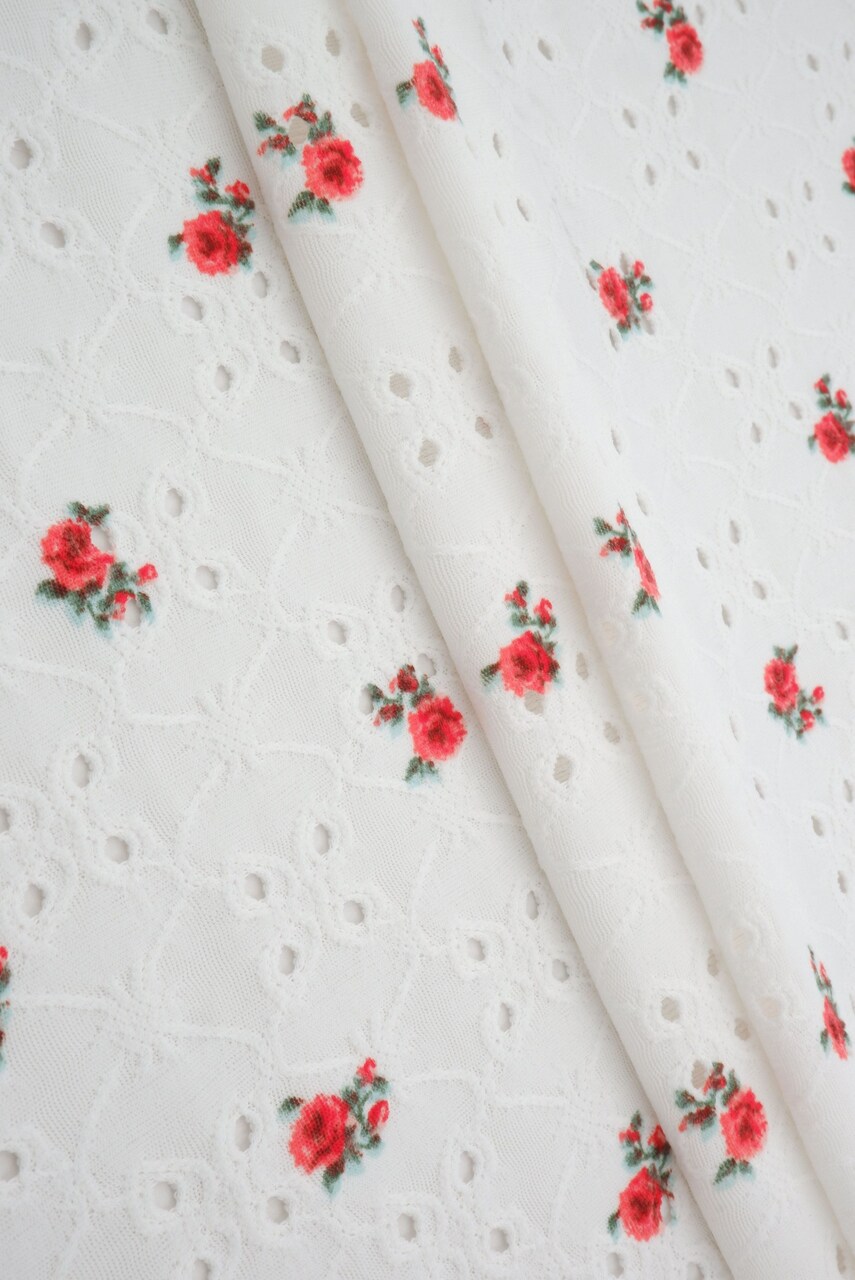 1 Yard Ivory & Coral Red DTY Knit Jacquard Ditsy Eyelet Print Fabric 58/60 Inches Wide